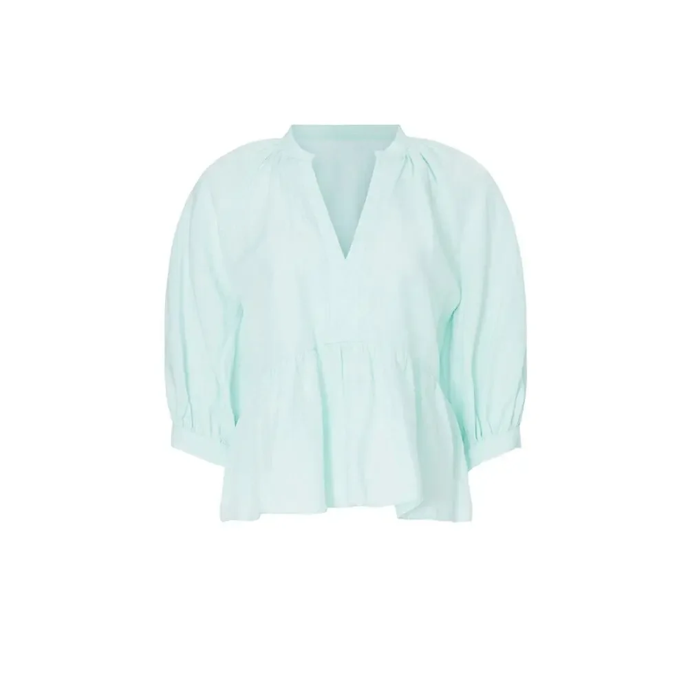 Amanda Uprichard Diego Light Blue Linen Puff Sleeve Split Neck Top Size XS - Picture 2 of 13